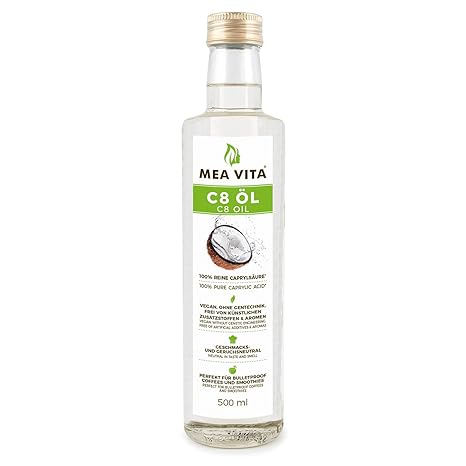 MeaVita C8-Öl, auf Kokosöl Basis, MCT Öl, Caprylsäure, 1er Pack (1x 500ml) Glasflasche