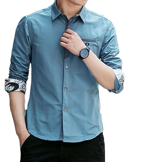 Amazon Piiteメンズ 秋 長袖 シャツ 無地 シンプル スリム デニム