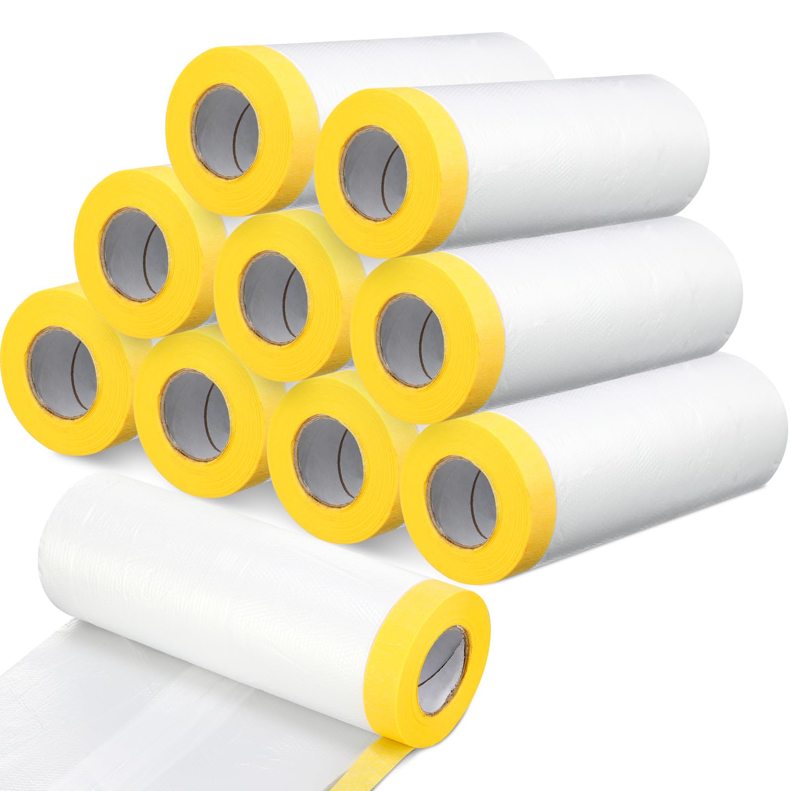 Photo 1 of Seajan 9 Roll Painters Plastic with Tape Pre Taped Masking Film for Painting Automotive Paint Adhesive Protective Film Masking Tape Roll Plastic Painting Covering (White,5 x 65 Ft)