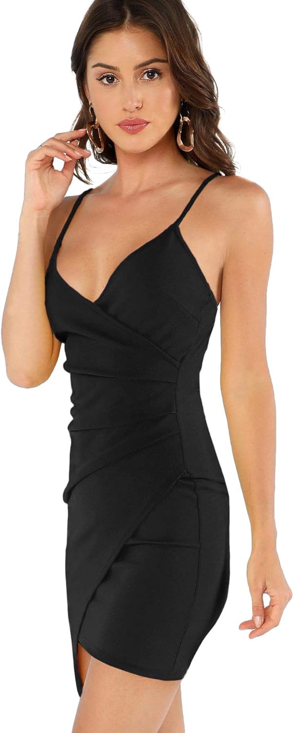 Verdusa Women's Sexy Ruched Side Asymmetrical V Neck Bodycon Cami Dress: Clothing
