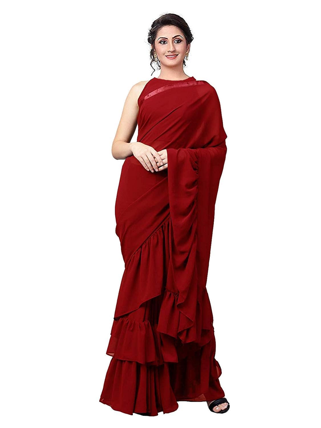 lorofy women's maroon georgette solid ruffle saree (rufflemaroon)