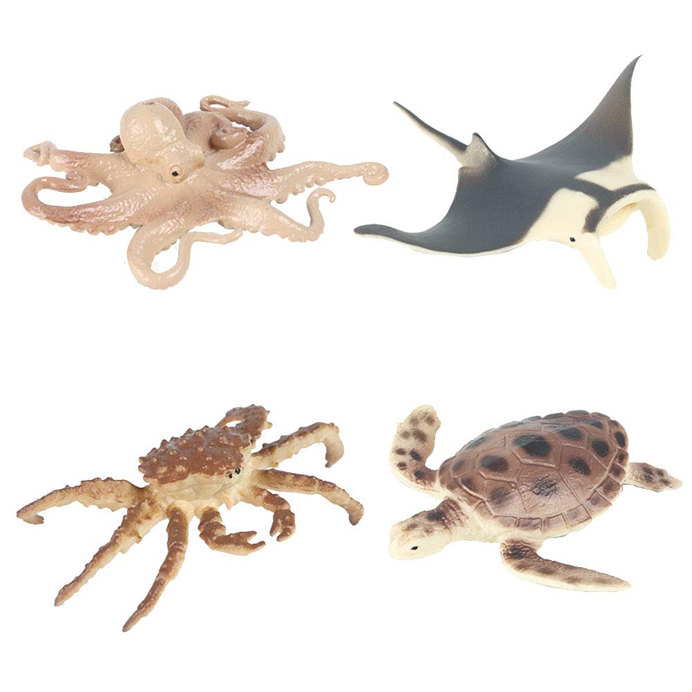 JOKFEICE Animal Figures 4 pcs Realistic Plastic Mini Sea Animals Figurines Set Includes Octopus, Manta Ray, King Crab Science Project, Learning Educational Toys, Birthday Gift For Kids Toddlers(B)