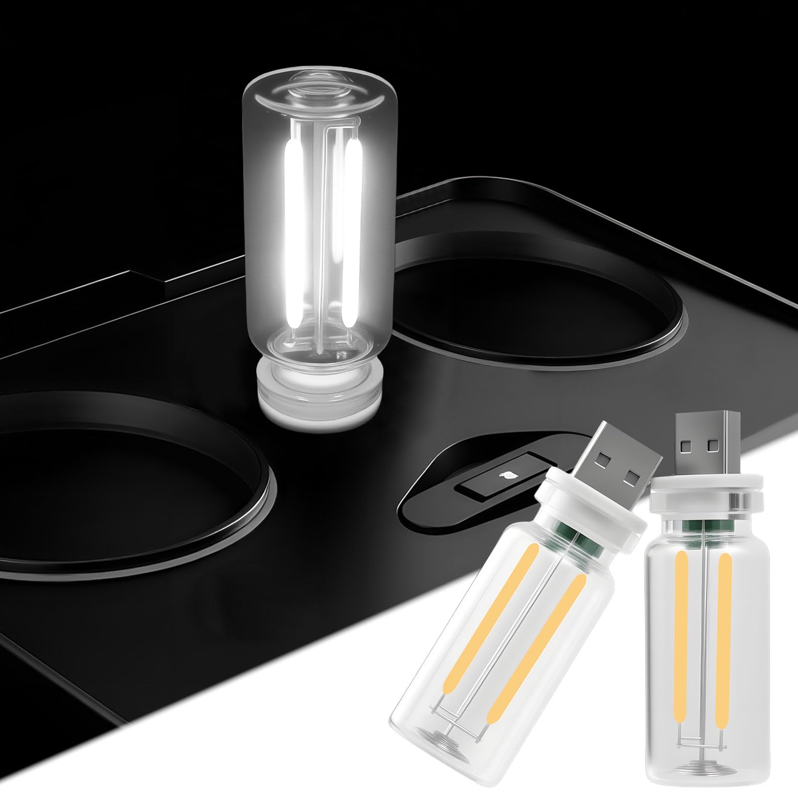 Photo 1 of 2 PCS Car USB Night Light Bulb, Touch Dimmable Car Interior Ambient Lights, Portable Mini USB Retro Glass Bottle Lamp Decorations for Vehicle, Bedroom, Hallway, Camping (White)