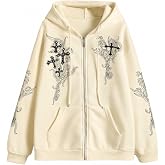 Kelxjia Zip Up Hoodies Y2k Jacket Graphic Gothic Jackets Grunge Cross Hoodie Baggy Streetwear Emo Sweater Aesthetic Clothes