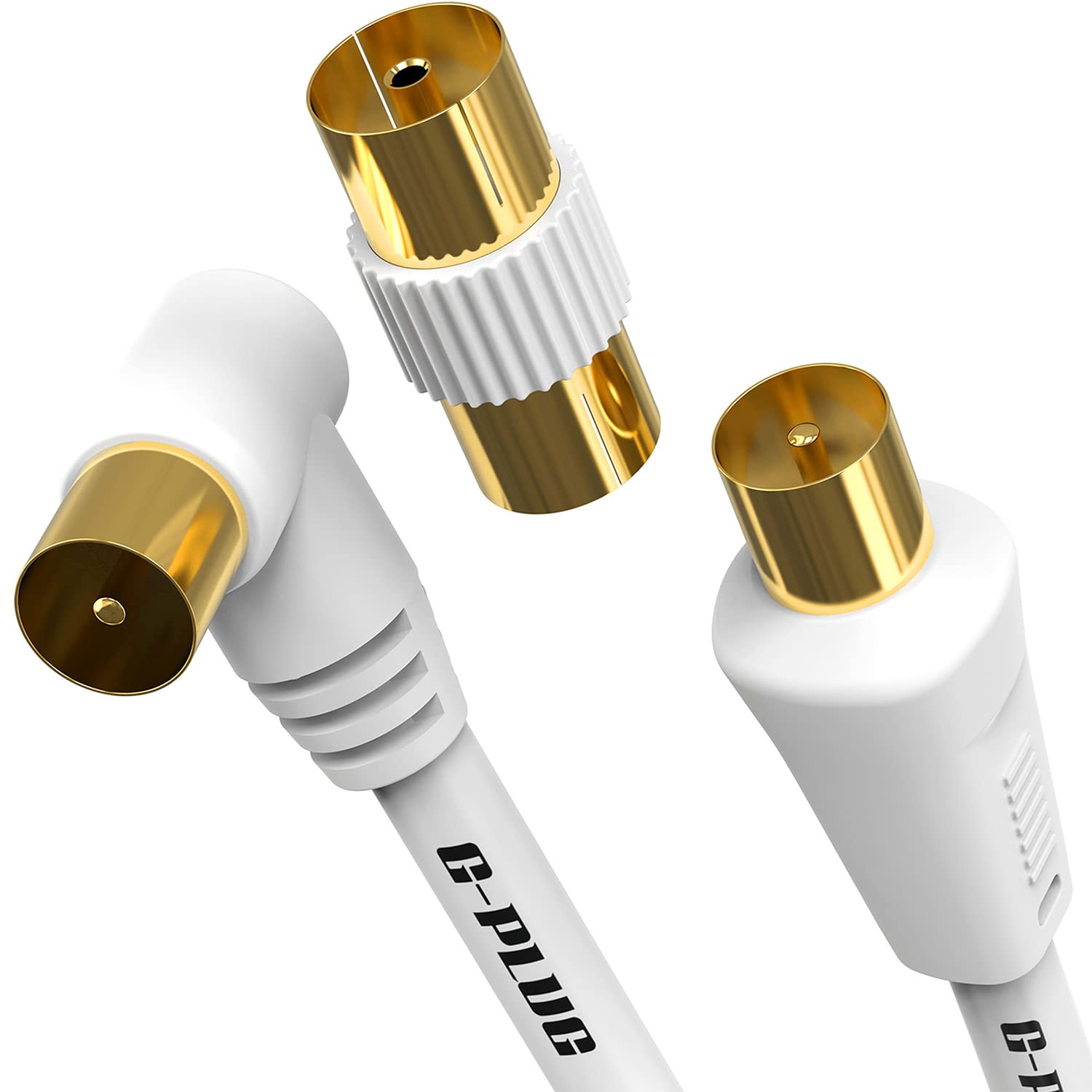 2m TV Aerial Cable with Right Angled Plug + Adapter – Coaxial RF Lead Male to Male – Gold-Plated Connector – Freeview, Freesat, Sky Box, BT, TV Antenna Extension
