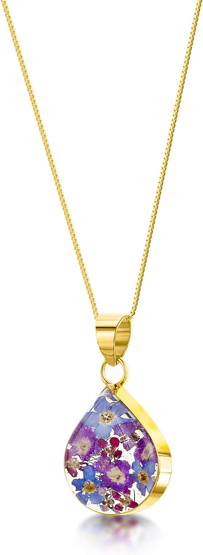 Shrieking Violet 18ct Gold-Plated Teardrop Real Flower Pendant Necklace