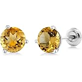 Gem Stone King 18K White Gold Yellow Citrine 3-Prong Martini Stud Earrings For Women Men (1.50 Cttw, Gemstone Birthstone, Round 6MM)