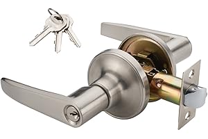 1 Pack of MANREN Lever Keyed Entry Door Lever Handle Lock, Universal Door Knob Hardware,Nickel Brushed Color (MR802-CA)