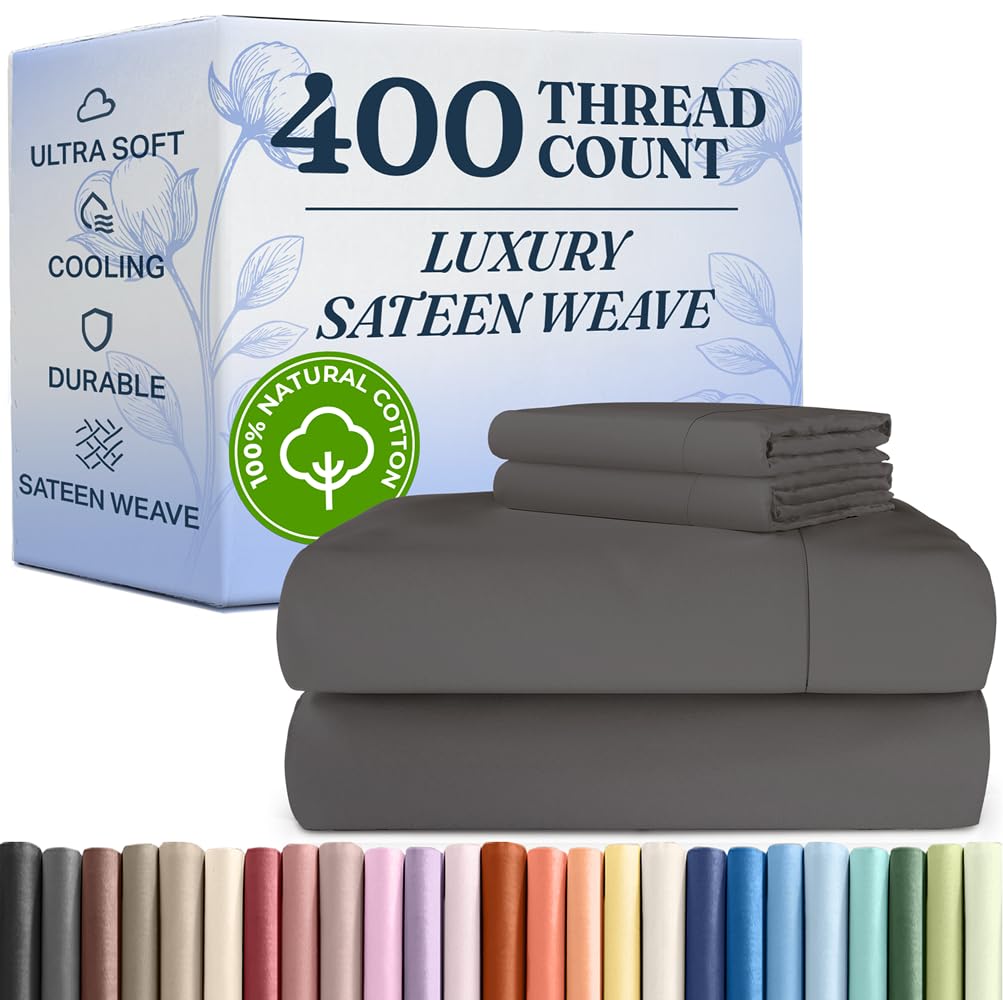Photo 1 of 400 Thread Count Cotton Sheet Set - Cal King Size 100% Cotton Sheets - Easily Fits 8" to 16" Mattress - Silky-Soft, Wrinkle Free, Breathable, Comfy - Deep Pockets & Hotel Style Bedding Set - Dark Grey
