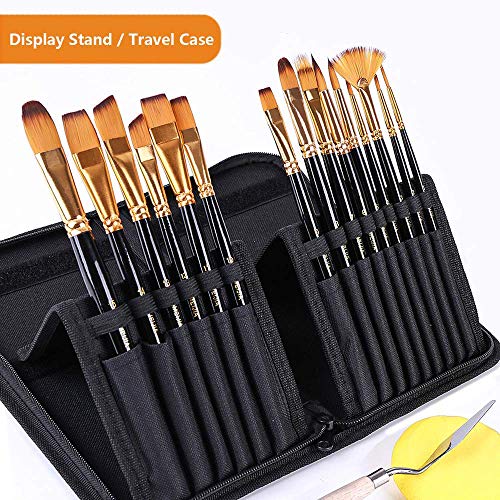 BOSOBO Paint Brush Set, 15 Pcs Professional Wood Handle Acrylic Brushes Watercolor Brushes Oil Brushes for Canvas Painting Craft Face Body Art Paint by Number, Travel Case and Palette Knife Included