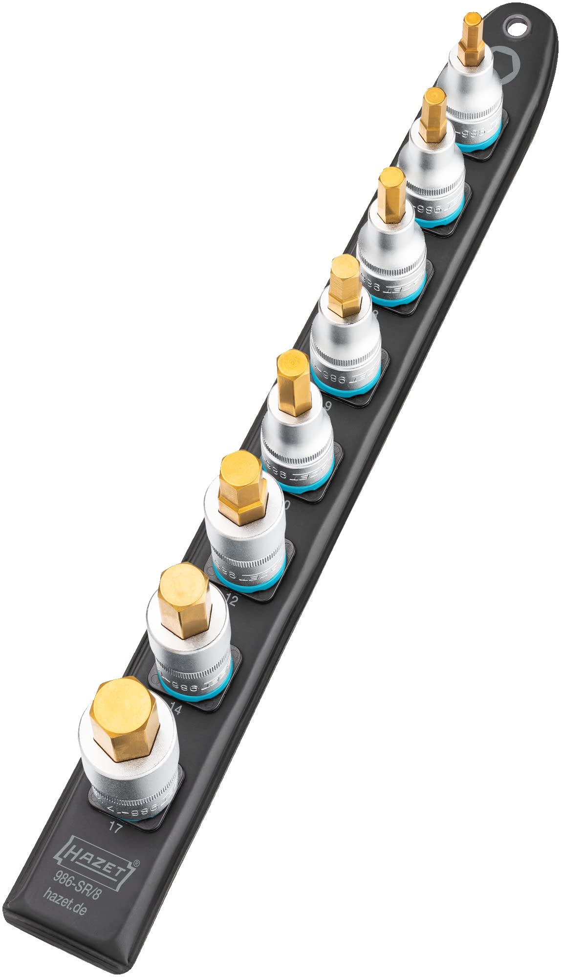 HAZET 986-SR/8 Smart Rail with Magnetic Base, 8 Slots, Drive: Square 12.5 mm (1/2 Inch), Output: Inner Hexagonal Profile, Plastic Socket Strip for Socket Spanner