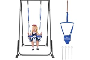 Slevoo 2 in 1 Baby Jumper and Swing, Toddler Swing Set with Foldable Stand, Ages 6 Months to 6 Years, for Indoor and Outdoor Fun, Blue