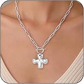 Joxevyia Gold Cross Necklace for Women Hammered Cross Pendant Toggle Clasp Paperclip Chain Statement Choker Bold Faith Jewelry Gift