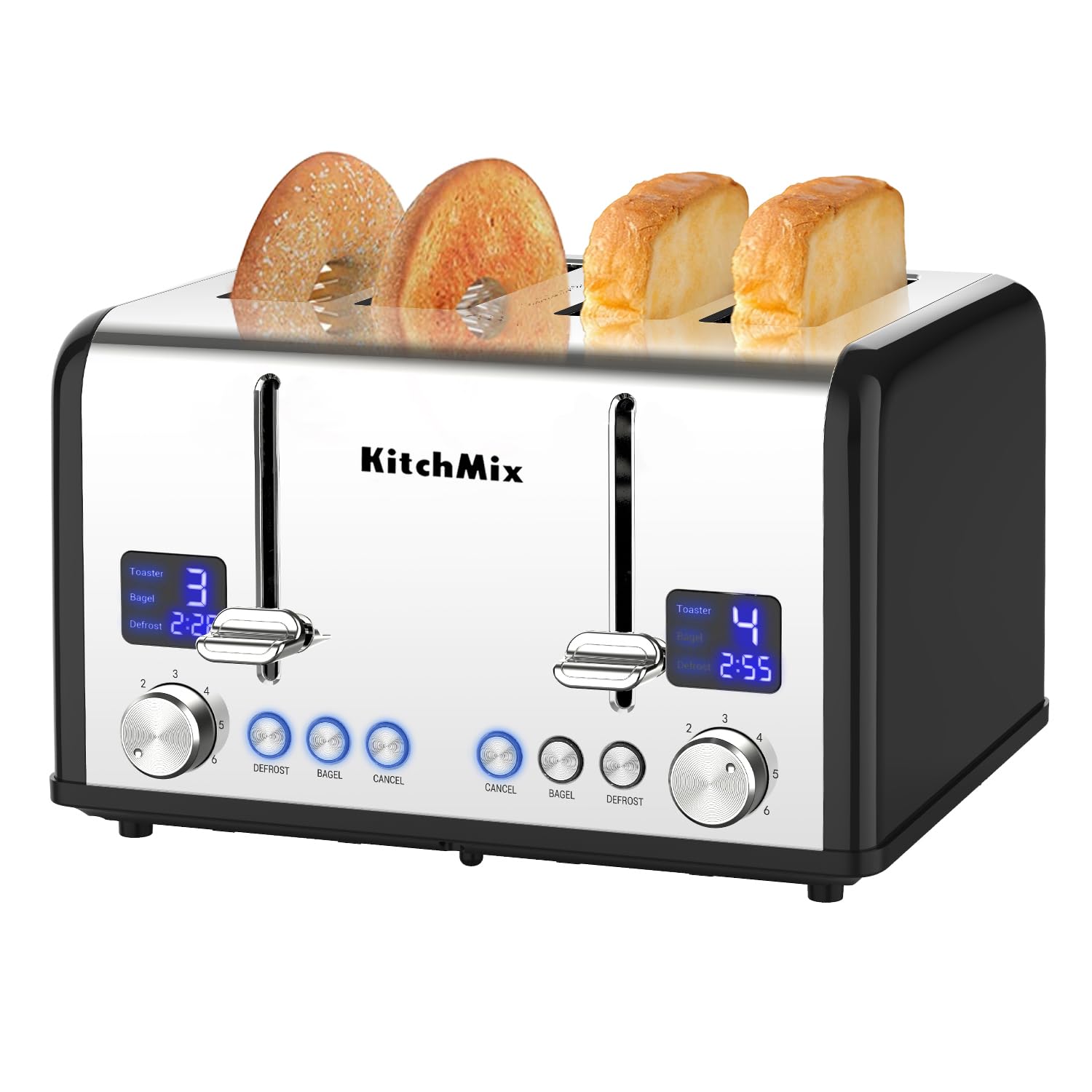 Tostadora de 4 rebanadas, Tostadora KitchMix Bagel de acero inoxidable con temporizador LCD, ranuras extra anchas, pantalla doble, bandeja para migas extraíble (negro)