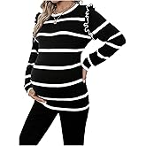 BEAUDRM Women's Maternity Sweater Striped Pattern Round Neck Long Sleeve Ruffle Tops
