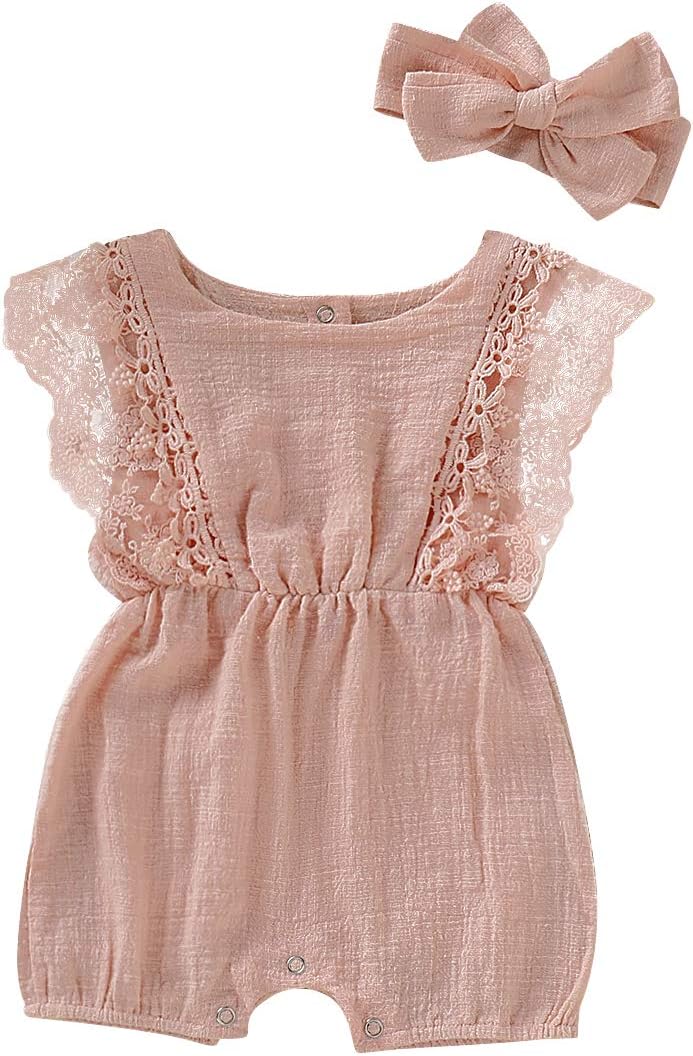 Infant Girl Linen Romper Baby Girls Sleeveless Lace Jumpsuit + Bow Headband Toddlder Kids Overalls Summer Outfits