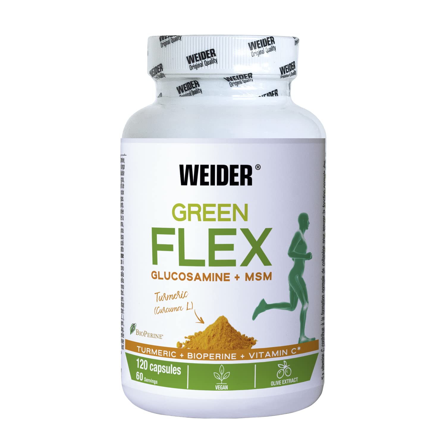 Weider Green Flex (120 caps). Joint Protector 100% Vegan, with Turmeric, Olive Fruit and Black Pepper Extract. with Glocosamine and MSM. with Vitamin C. (60 Servings)