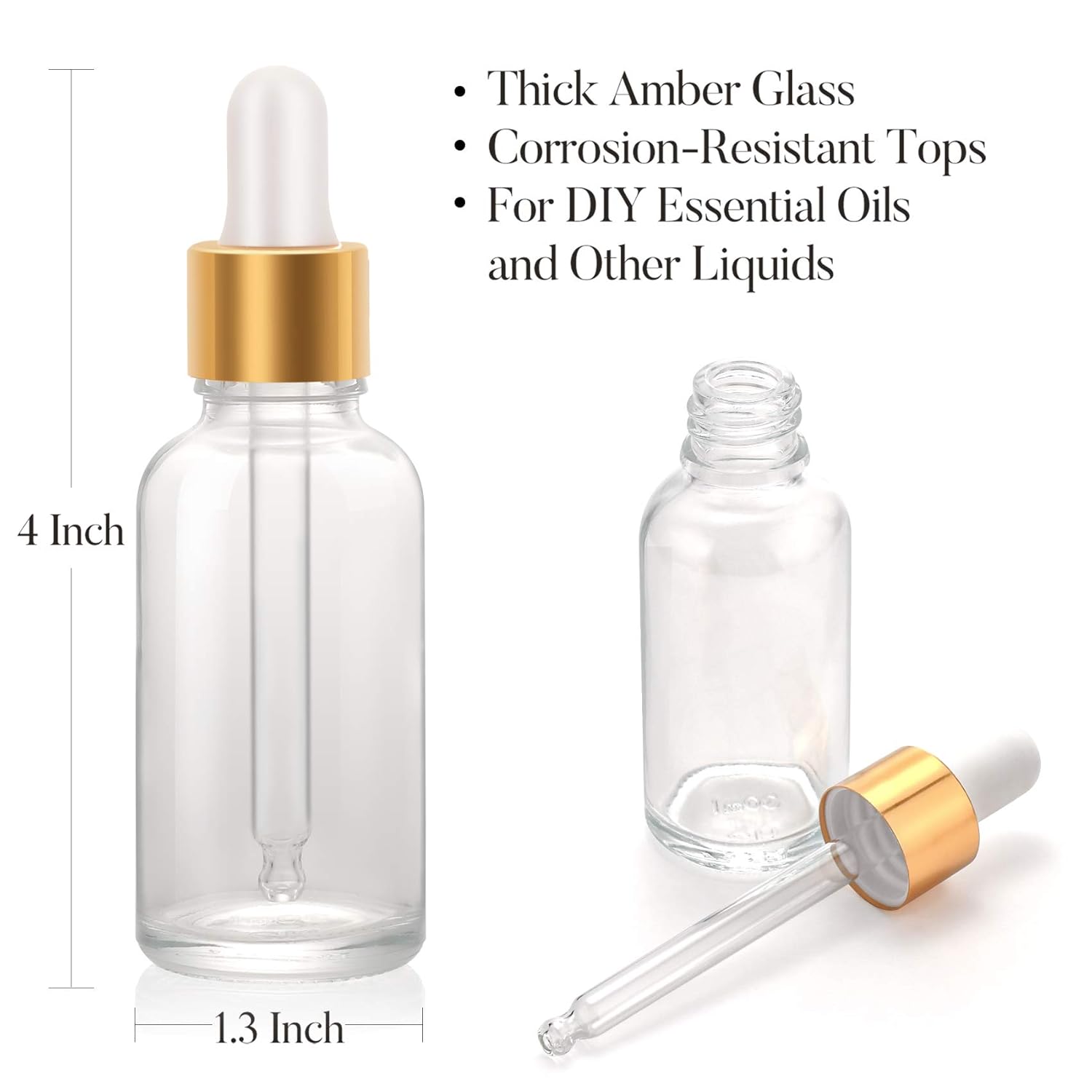 12 Pcs, 1 oz Dropper Bottles (30ml) with 3 Funnels & 1 Long Dropper - Clear Glass Bottles for Essential Oils with Eye Droppers - Tincture Bottles, Leak Proof Travel Bottles for Liquids, Golden Cap: Industrial & Scientific
