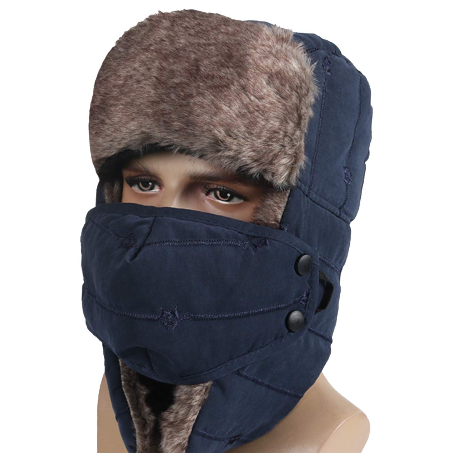Winter Trapper Hat for Men Women Warm Ushanka Aviator Russian Windproof Hat with Mask,Blue