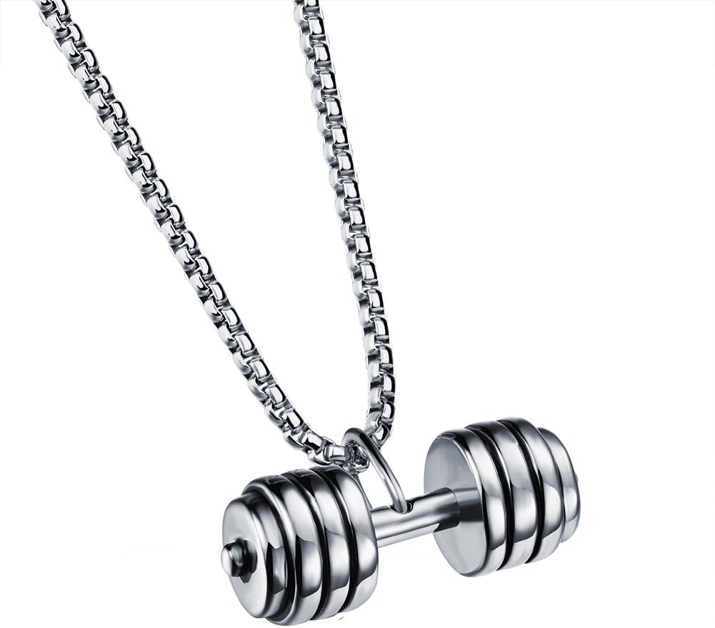 Yowell Titanium Steel Necklace for Men Masculine Dumbbell Pendant Necklace Chain Silver Punk Fitness Men Jewelry