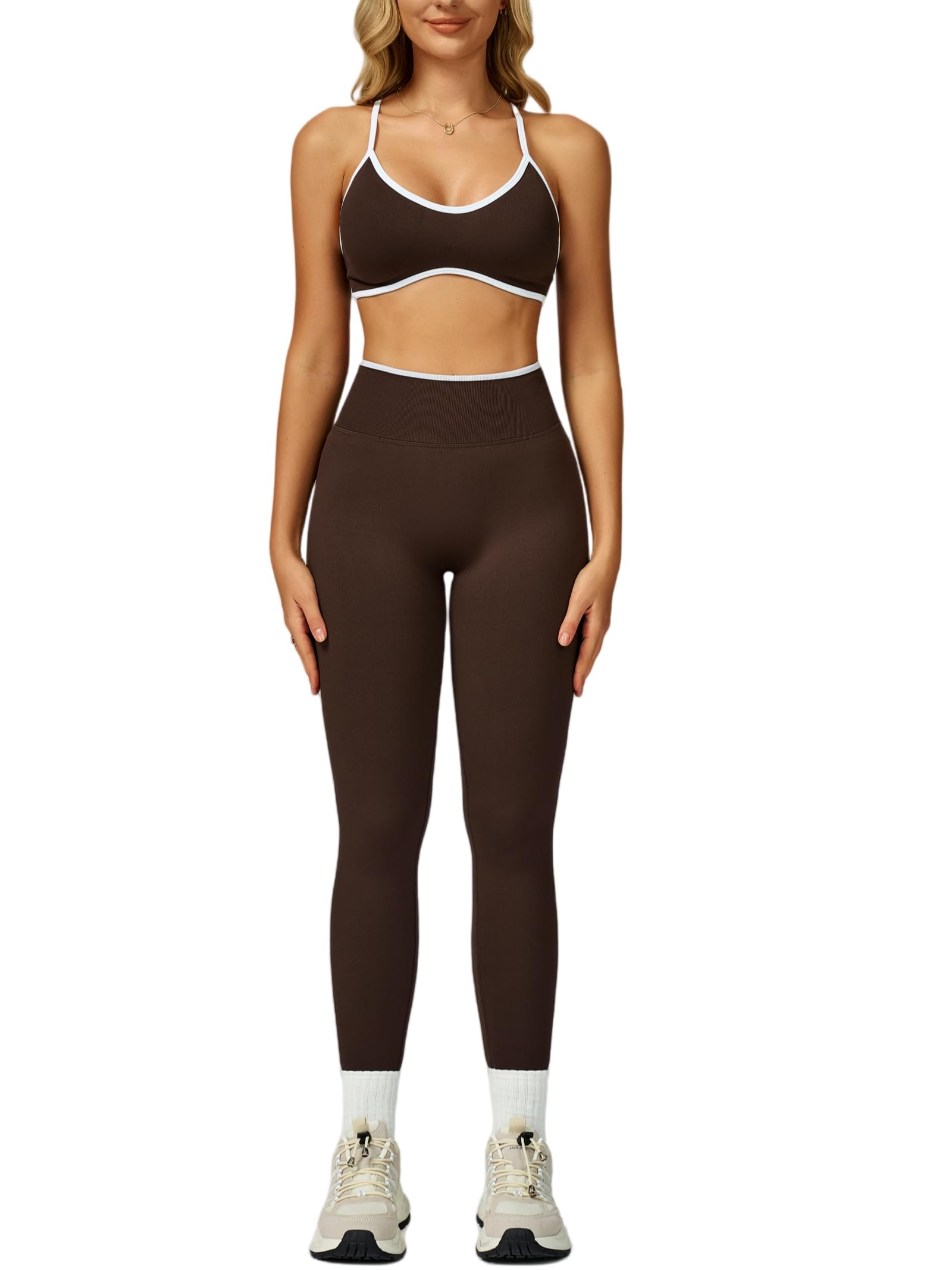 Photo 1 of ABOCIW Two Piece Workout Sets for Women Seamless Color Block Sports Bra Scrunch Butt Lifting High Waist Leggings Gym Yoga Active Wear Pilates Outfits Work Out Clothes Coffee Small