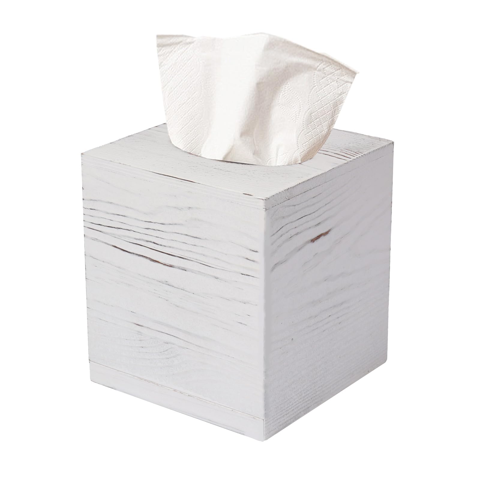 Photo 1 of Tissue Box Cover Square, Rustic White Wooden Tissue Box Holder for Kleenex - Facial Tissue Holder for Bathroom, Bedroom, Office, Vanity