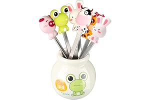 6 Pcs Mini Stainless Steel Fruit Fork with Ceramic Jars Holder Bento Food Picks Cute Cartoon Animal Fruit Picks Salad Dessert