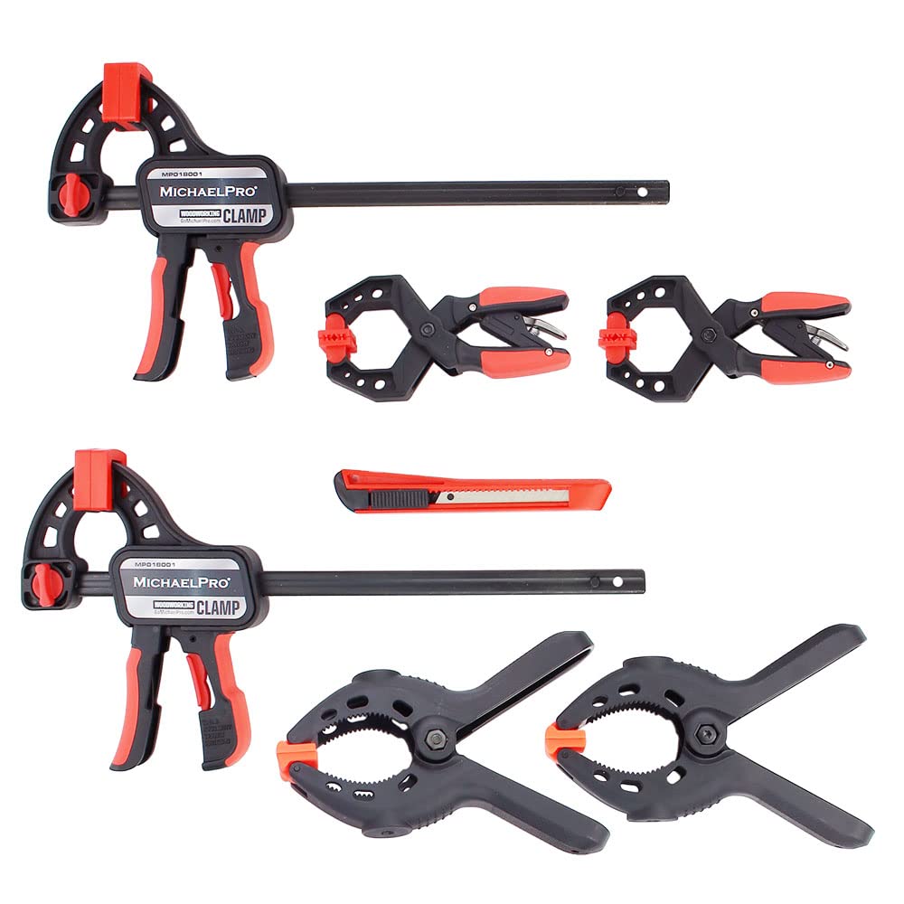 MichaelPro MP018001 7-Piece Woodworking Clamps Set, Professional Spring, Ratchet, Bar Spreader Clamps & Multi-Purpose Cutter. Holds & Positions Quickly for Woodworking, Photography & DIY