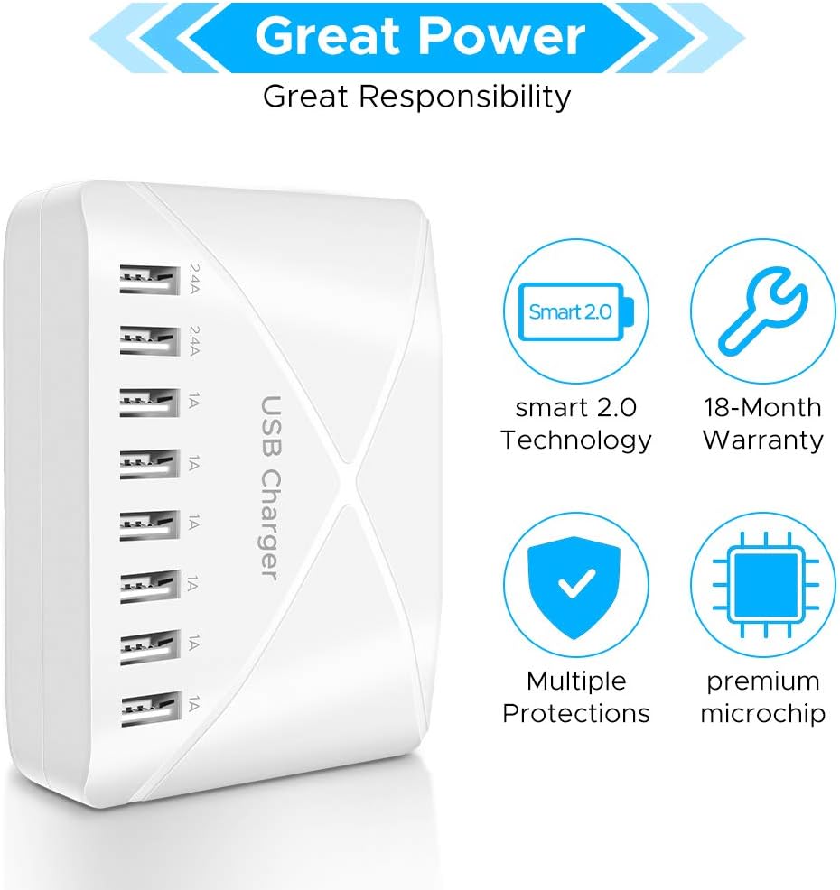 Multi Port USB Charger Station,8-Port Desktop Multi USB Charger，USB Charging Hub with Smart Detect，Multiport USB Charging Station for Smartphone, Tablets and Other Multiple Devices（White）: Electronics