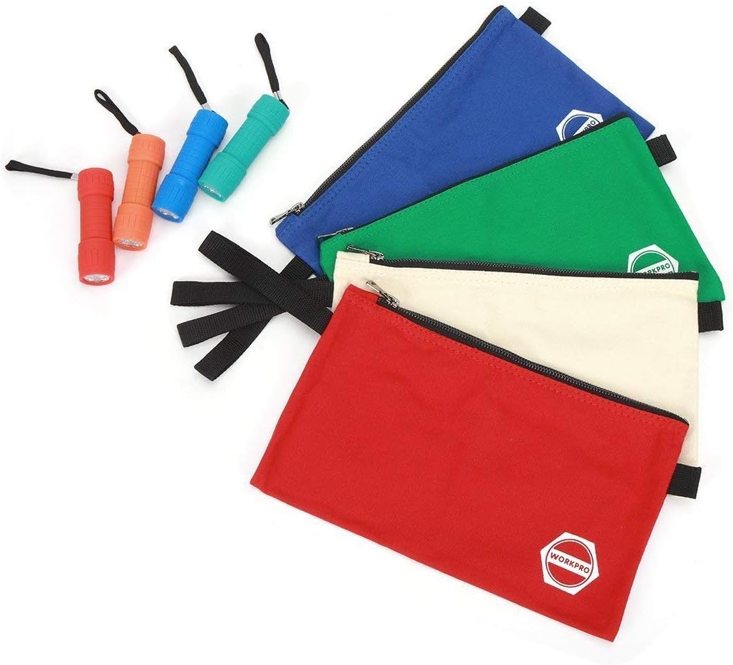 WORKPRO Small Tool Storage Bag Tool Pouch with 4PC Mini Flashlights