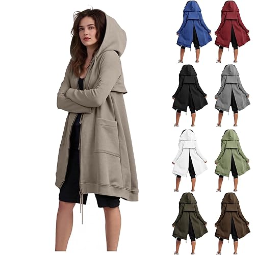 Womens Coats Zip Up Hoodie Oversized Hooded Jacket with Back Zip Slit Overcoat Thickened Winter Warm Longline Hooded Sweatshirts Fleece Jackets Tops Casual Loose Fit Long Coats with Pockets