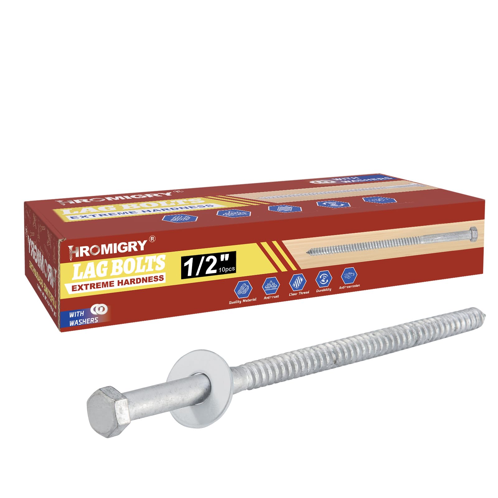 Photo 1 of HROMIGRY 1/2" x 10" Lag Bolts (10 Pcs) Lag Screws for Wood, Hot Dip Galvanized, Hex Head with Washers