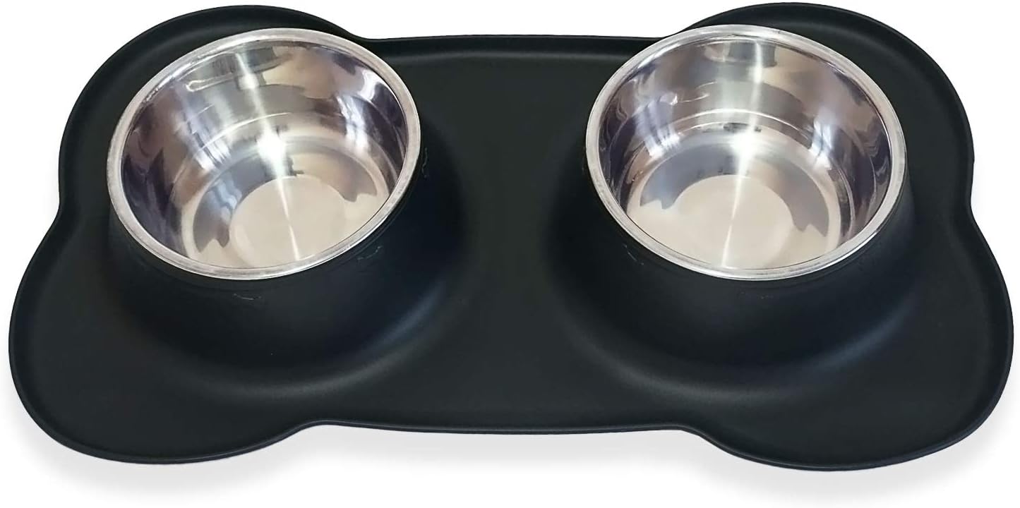 Petek Double Dog Cat Feeder Bowls Stainless Steel Food and Water Bowls with No Spill Non-Skid Silicone Mat, Double Pet Bowls (27oz Each) Set for Dogs Cats, Black