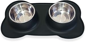 Petek Double Dog Cat Feeder Bowls Stainless Steel Food and Water Bowls with No Spill Non-Skid Silicone Mat, Double Pet Bowls (27oz Each) Set for Dogs Cats, Black