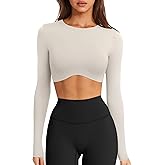 LASLULU Womens Sexy Double Lined Long Sleeve Shirts Crewneck Workout Tops Athletic Yoga Shirts Going Out Crop Tops