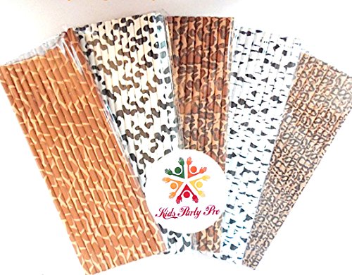 125 pcs Mixed Safari Party Paper Straws, Black Cow Zebra Brown Cheetah Giraffe Leopard Animal Print Paper Drinking Straws Bulk, Jungle BBQ Birthday Cake Pop Sticks