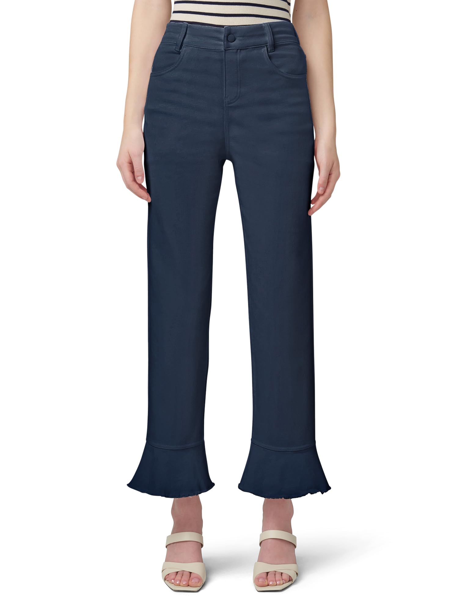 HUE Women’s Fashion Denim Jean Skimmer Leggings, Dark Rinse Wash-Front Ruffle Hem