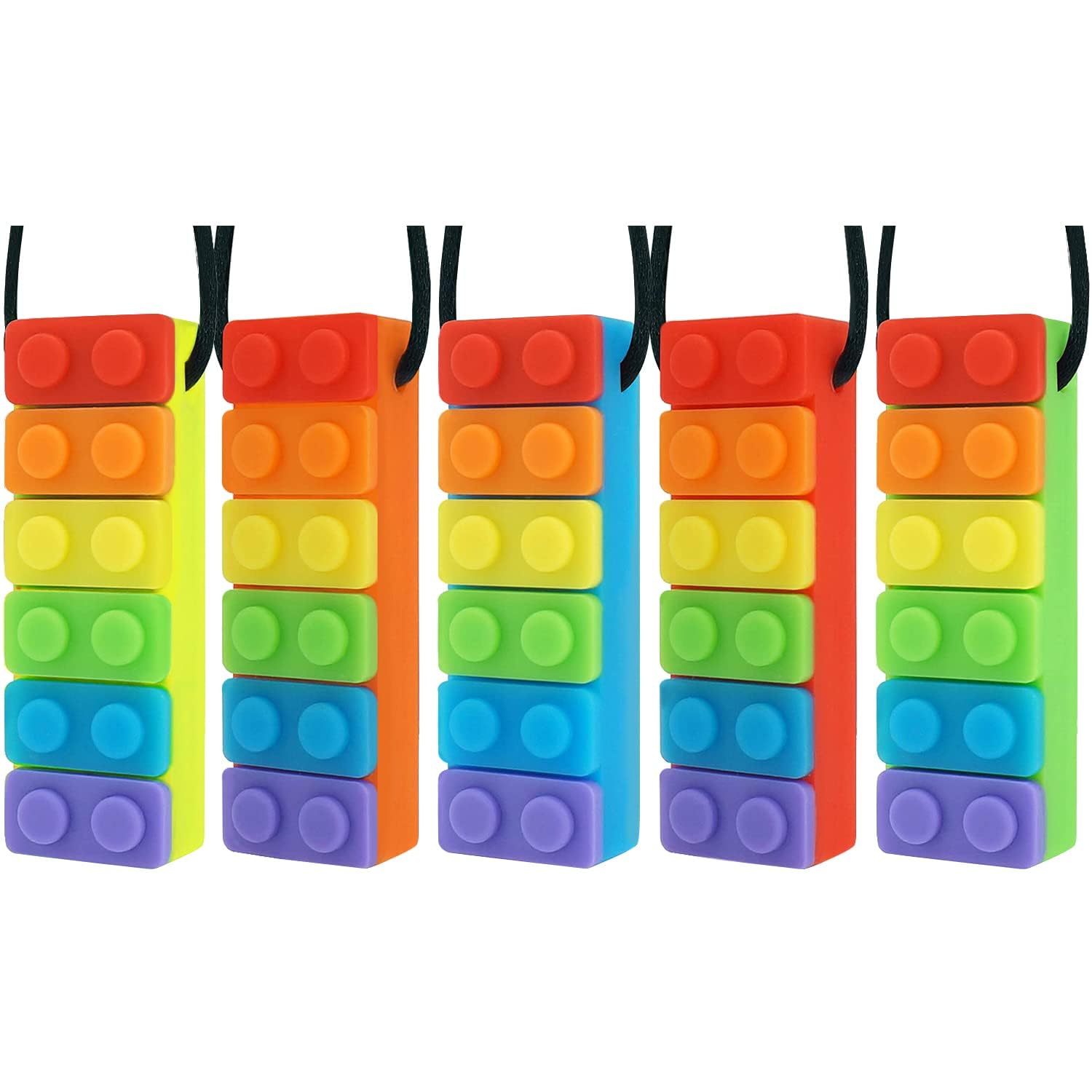 Novelfun Sensory Chew Necklace, 5 Pack Rainbow Color Silicone Chew Pendant Training and Development Chewing Necklace for Teething Babies, Autism ADHD SPD, Oral Motor, Anxiety, Autistic Children