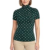 Zengjo Turtleneck Tops for Women Short Sleeve, Stretchy Slim Fitted Vintage Polka Dot Shirts, High Neck Layering Tee