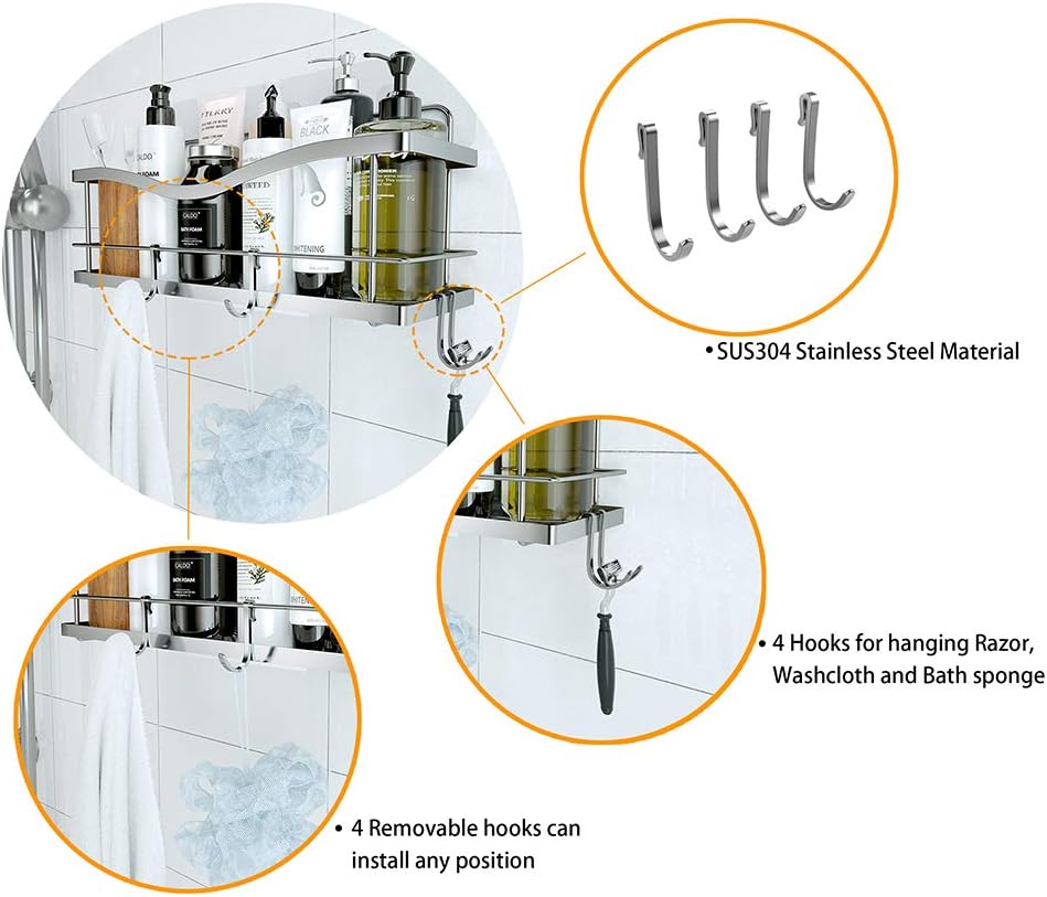 KINCMAX Shower Caddy Basket Shelf with Hooks for Hanging Sponge and Razor,Shampoo Holder Organizer,No Drilling Adhesive Wall Mounted Bathroom Shelf,Rustproof SUS304 Stainless Steel: Home & Kitchen