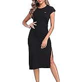 lionstill Women's Wear to Work Dresses Crew Neck Waist Pleats Slit Casual Office Dress