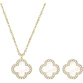 COBI Four Leaf Clover Necklace and Stud Earrings Jewelry Set White Black Green, 18k Gold Plated Clover Earrings Pendant Necklace, Clover Jewelry Set Gifts for Women