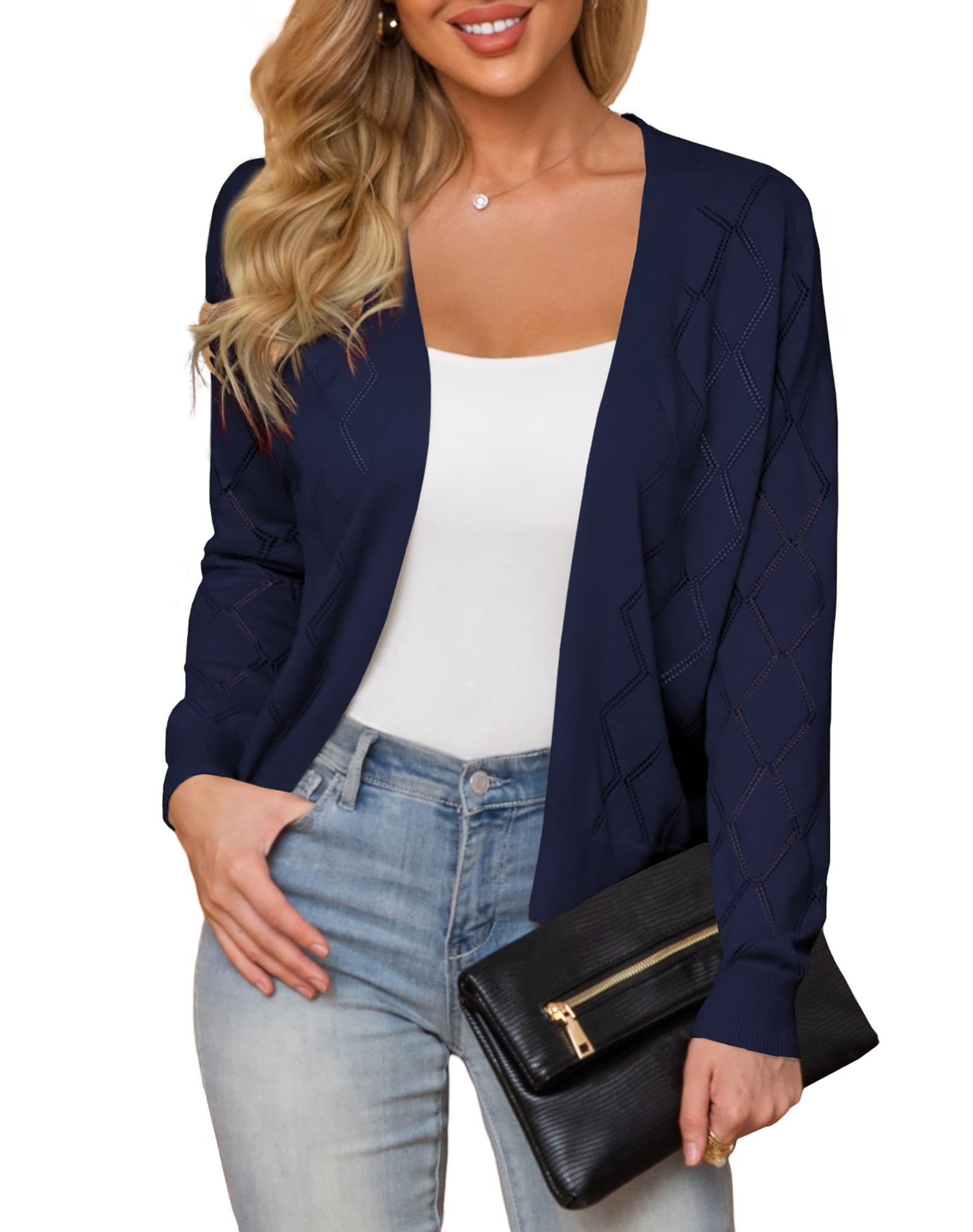 Plusashion Women's Lightweight Cardigan Open Front Long Sleeve Hollow Out Sweater, Navy Blue-L Image Plusashion Women's Lightweight Cardigan Open Front Long Sleeve Hollow Out Sweater, Navy Blue-L Image