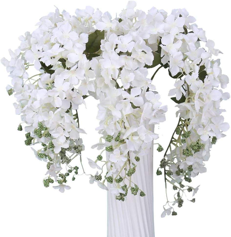 YILIYAJIA Artificial Hydrangea Flowers Long Stems Silk Hydrangea Vines 6 Pcs 41.7 in/Piece Fake Flowers Garlands for Wedding Arch Home Office Table Outside Decoration (White)