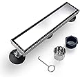 Elefloom Linear Shower Drain, 12 inch Drain with Tile Insert 2-in-1 Panel, Brushed 304 Stainless Steel Shower Floor Drain, Linear Drain with Hair Strainer and Adjustable Feet