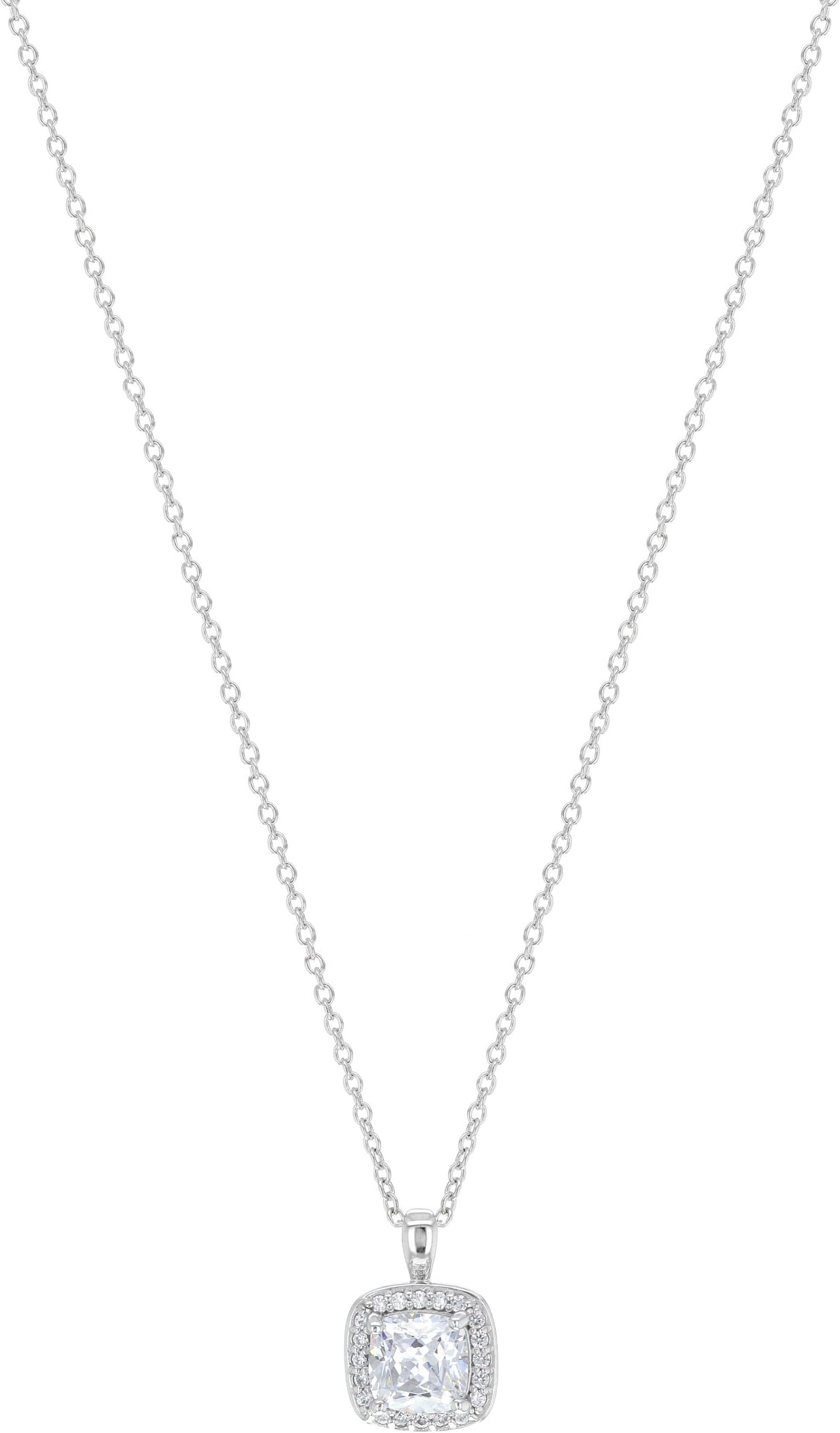 Myia Passiello Platinum Plated Sterling Silver Cushion Cut Swarovski Zirconia Halo Pendant Necklace of Length 45.72 cm