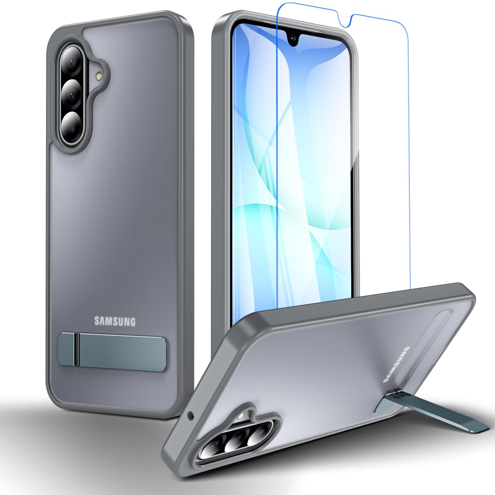Cum2giff 3-in-1 for Samsung Galaxy A17 5G Phone Case with Screen Protector and Adjustable Stand, Shockproof Drop Protection Samsung a17 5g case, Translucent Matte Back Phone Cover for A17/A26, Gray