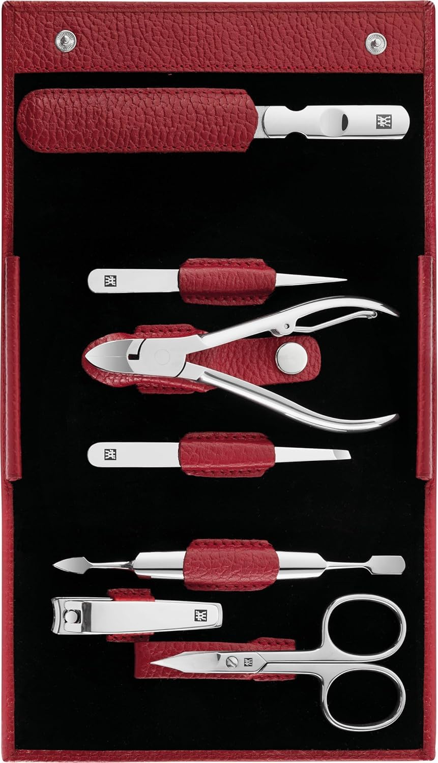 ZWILLING Manicure and Pedicure Set, Classic INOX, Travel Case Set, Nail Care, Leather, 7 Pieces, Red