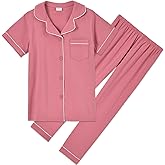 Aablexema Unisex Kids Pajamas Set Cotton Short Sleeve Sleepwear Button-Down and Pant Set for 5-13y