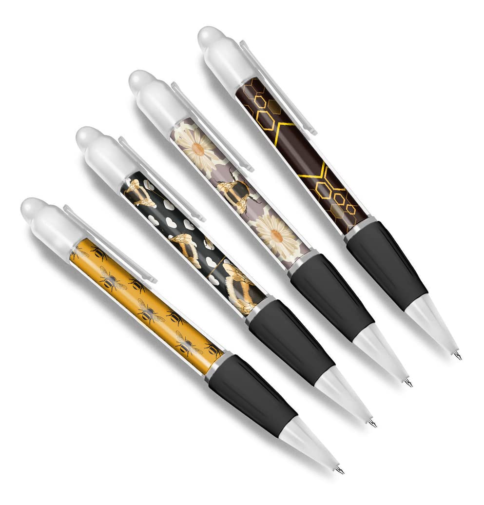 DV DESIGN Set of 4 Bumble Bee White Ballpoint Pens - Art Deco Abstract Insect Queen Bees Animal Pattern Themed Boys Girls Men Women Pen #79587
